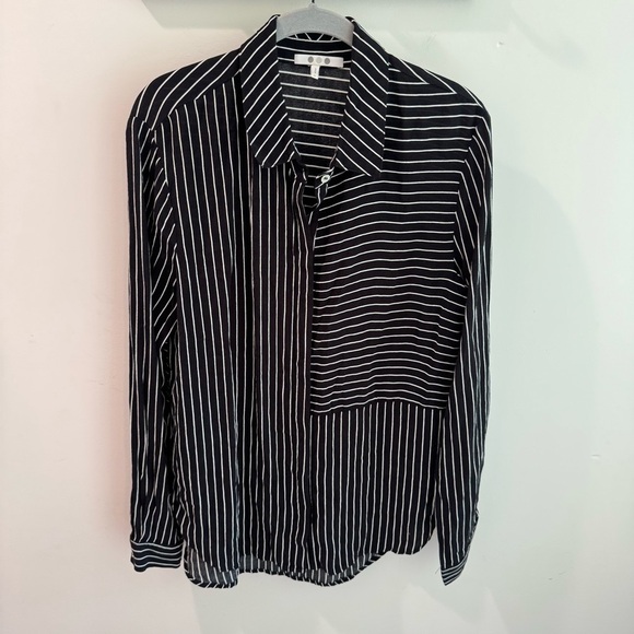 Three Dots Black White Striped Button Front Tunic Top Medium - Picture 1 of 6